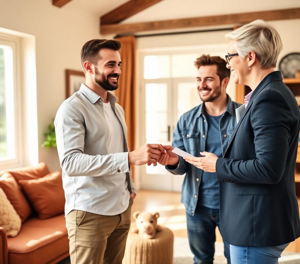 Agent handing house keys to a smiling young couple